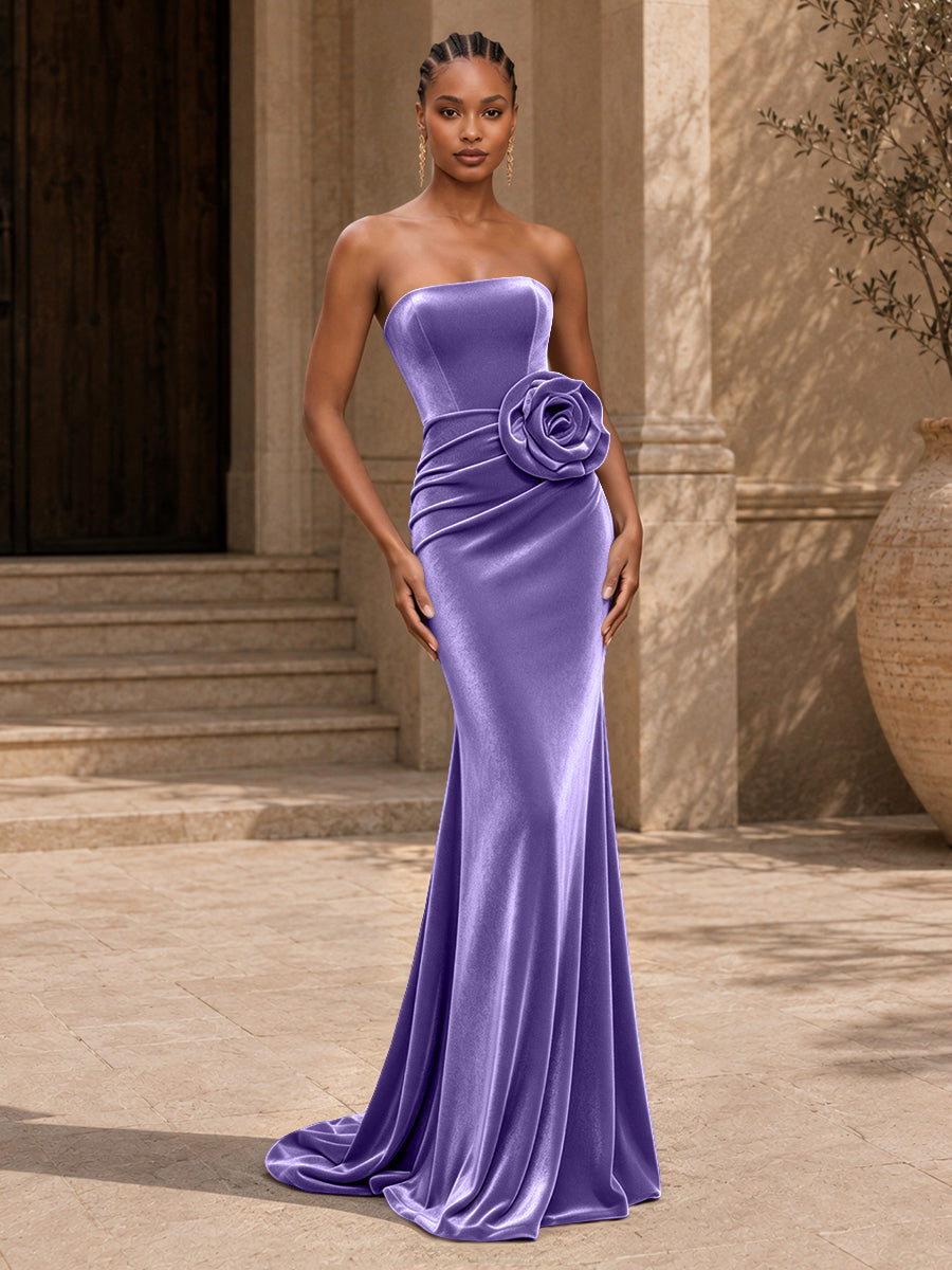 Velvet Mermaid Evening Dress with Strapless Neckline and 3D Flower