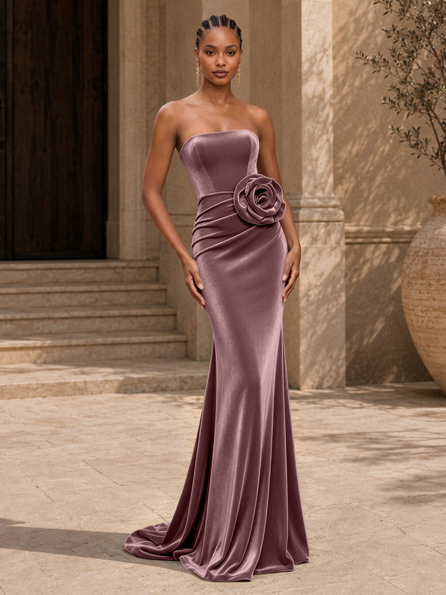 Velvet Mermaid Evening Dress with Strapless Neckline and 3D Flower
