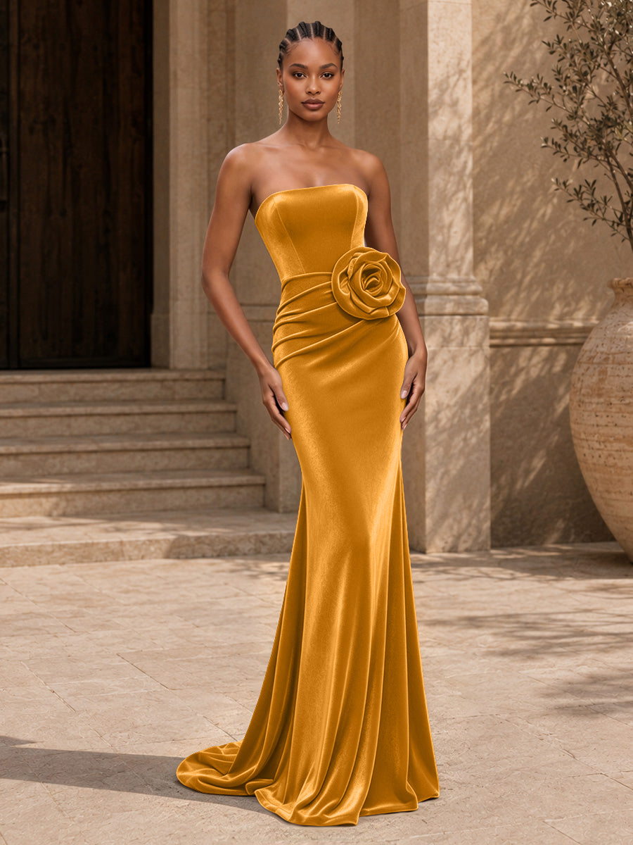 Velvet Mermaid Evening Dress with Strapless Neckline and 3D Flower