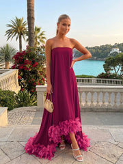 Strapless Chiffon Trapeze Evening Dress with Feather Trim and High-Low Hem