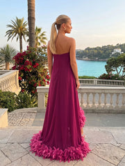 Strapless Chiffon Trapeze Evening Dress with Feather Trim and High-Low Hem