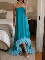 Strapless Chiffon Trapeze Evening Dress with Feather Trim and High-Low Hem