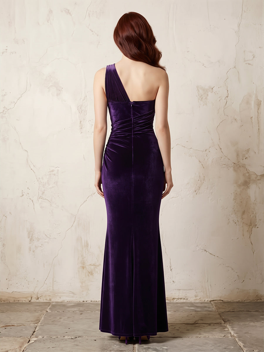 Velvet Mermaid Evening Dress with One Shoulder and Ruched Bodice