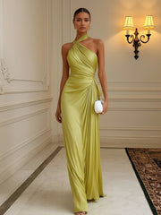 Satin Mermaid Evening Dress with Cross Halter Neck and Pleated Waist