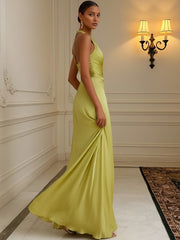 Satin Mermaid Evening Dress with Cross Halter Neck and Pleated Waist