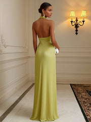 Satin Mermaid Evening Dress with Cross Halter Neck and Pleated Waist