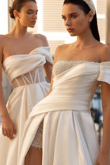 Off the shoulder Satin A Line/Princess Wedding Dress with Sequins Split Front