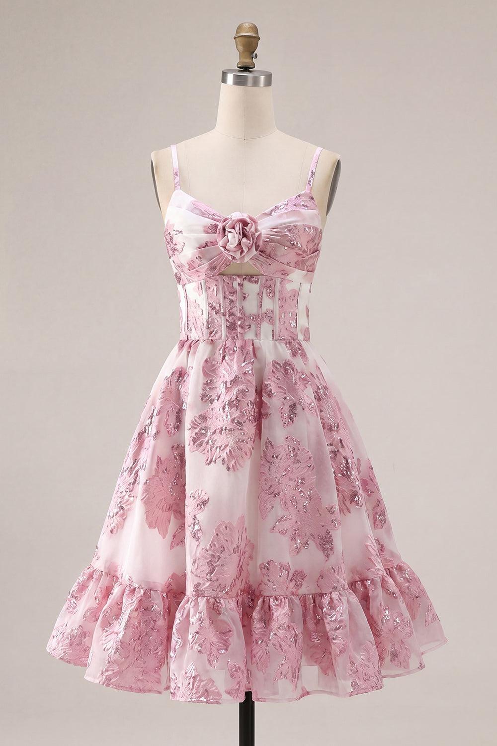 Keyhole Sparkly Pink Floral Short Corset Homecoming Dress with 3D Flower