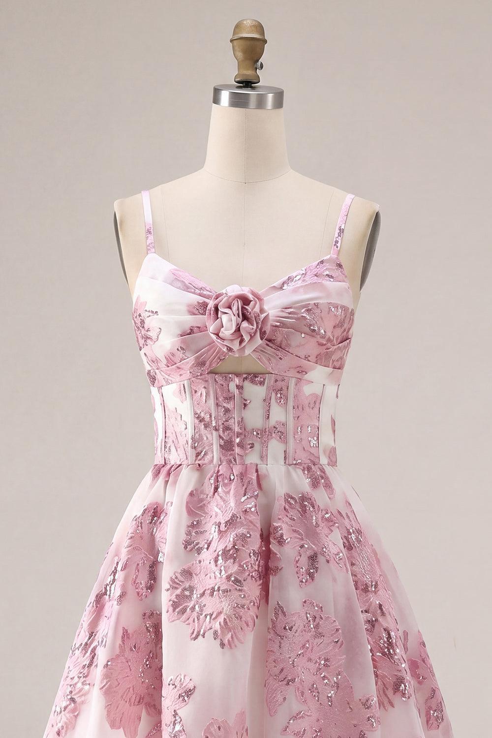 Keyhole Sparkly Pink Floral Short Corset Homecoming Dress with 3D Flower