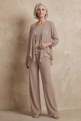 Dreamyannie Khaki Chiffon Scoop Neck 3 Piece Mother Of The Bride Pant Suits With Jacket