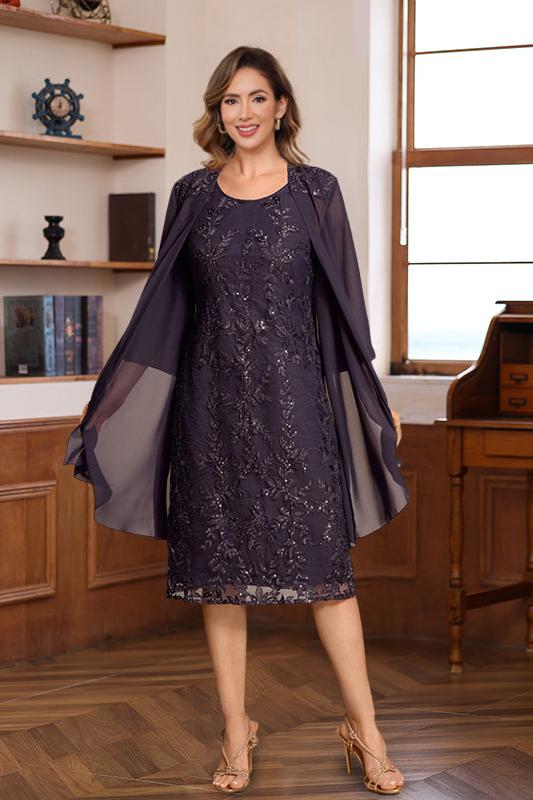Knee Length A Line Mother of the Bride & Groom Dresses with Scoop Neck Jacket Lace Appliques and Sequins