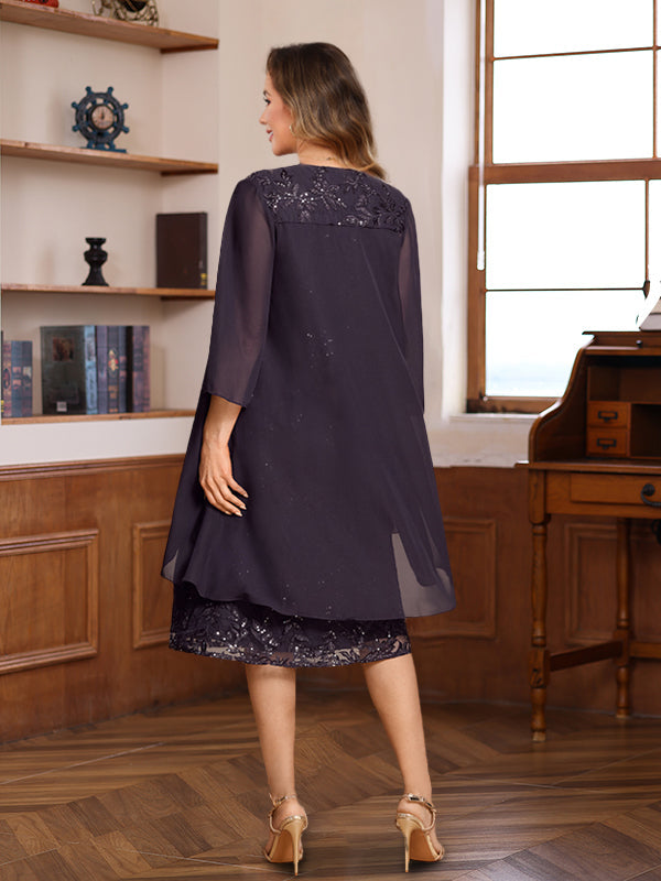 Knee Length A Line Mother of the Bride & Groom Dresses with Scoop Neck Jacket Lace Appliques and Sequins