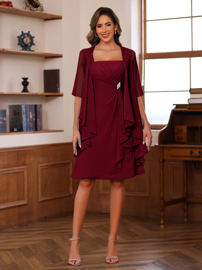 Knee Length Square Neck A Line Mother of the Bride Dresses With Ruffles and Jacket