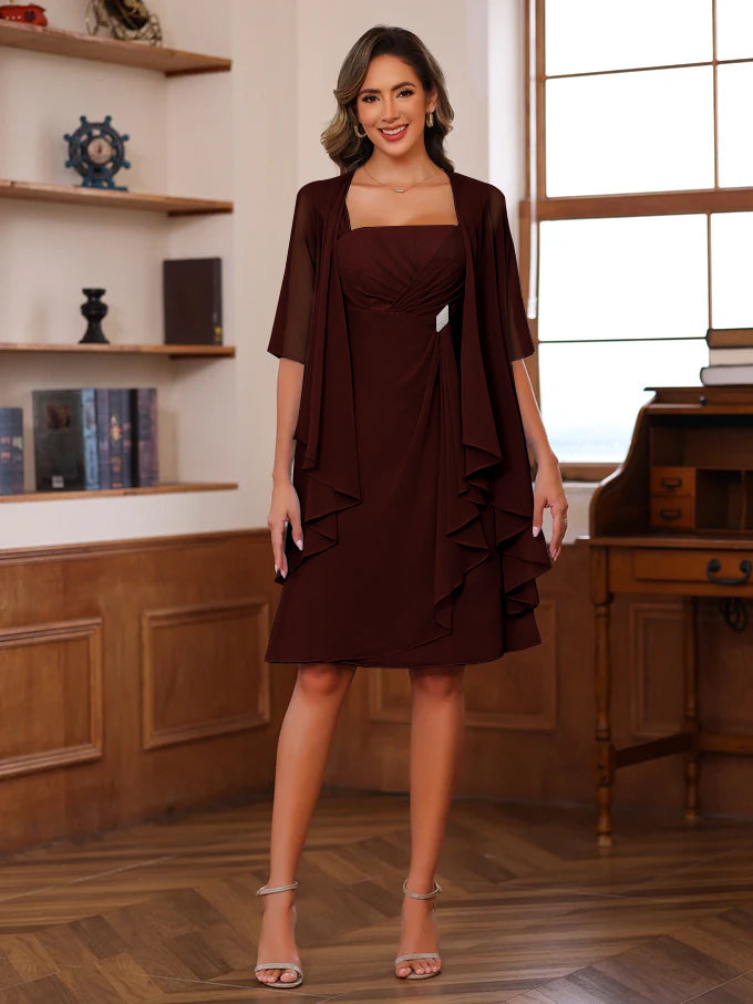 Knee Length Square Neck A Line Mother of the Bride Dresses With Ruffles and Jacket