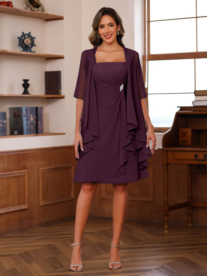 Knee Length Square Neck A Line Mother of the Bride Dresses With Ruffles and Jacket