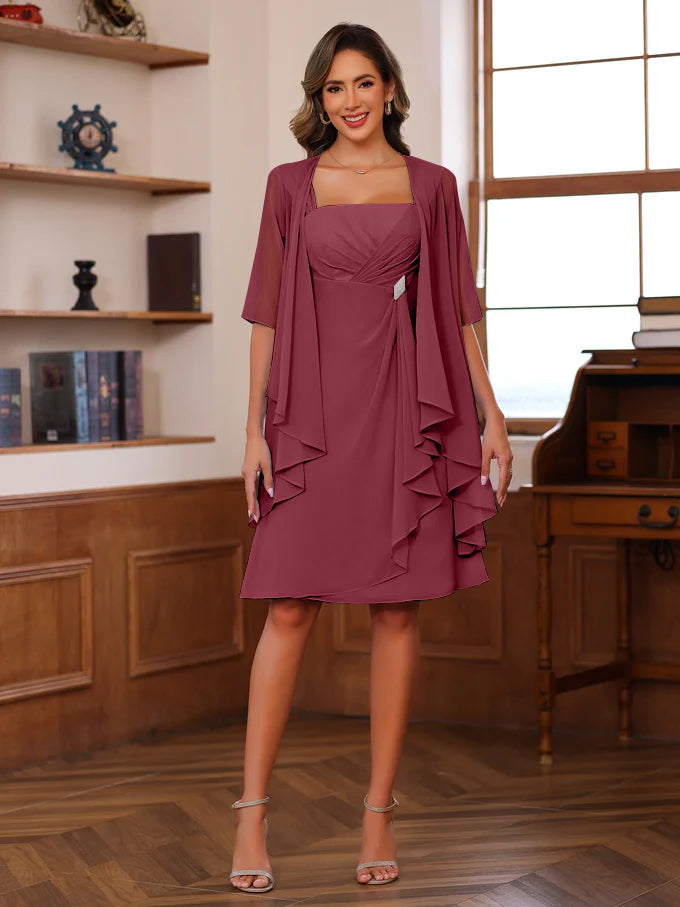 Knee Length Square Neck A Line Mother of the Bride Dresses With Ruffles and Jacket