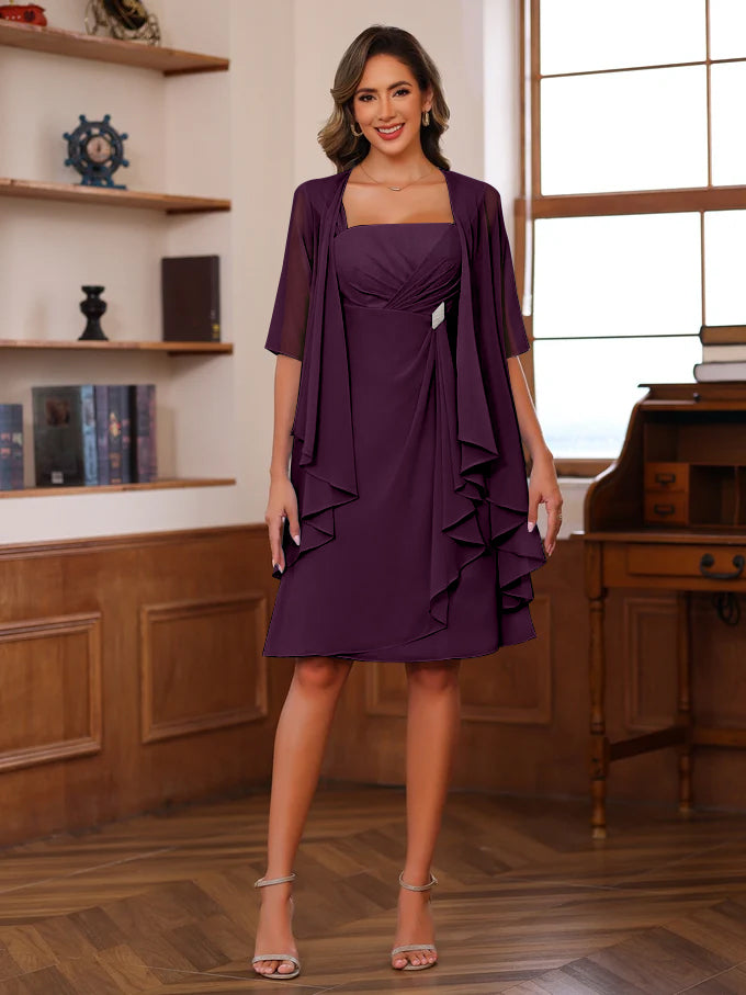Knee Length Square Neck A Line Mother of the Bride Dresses With Ruffles and Jacket
