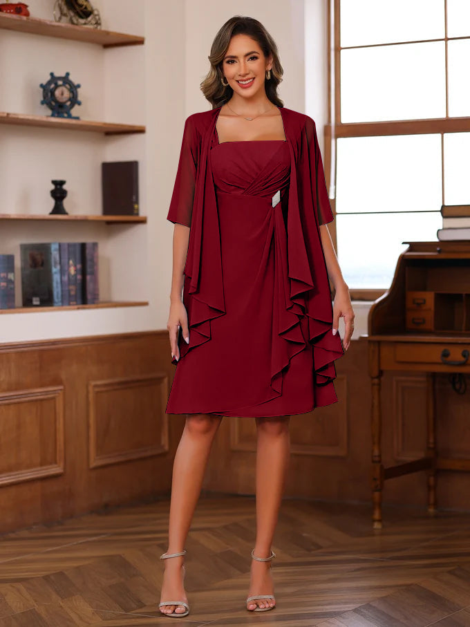 Knee Length Square Neck A Line Mother of the Bride Dresses With Ruffles and Jacket