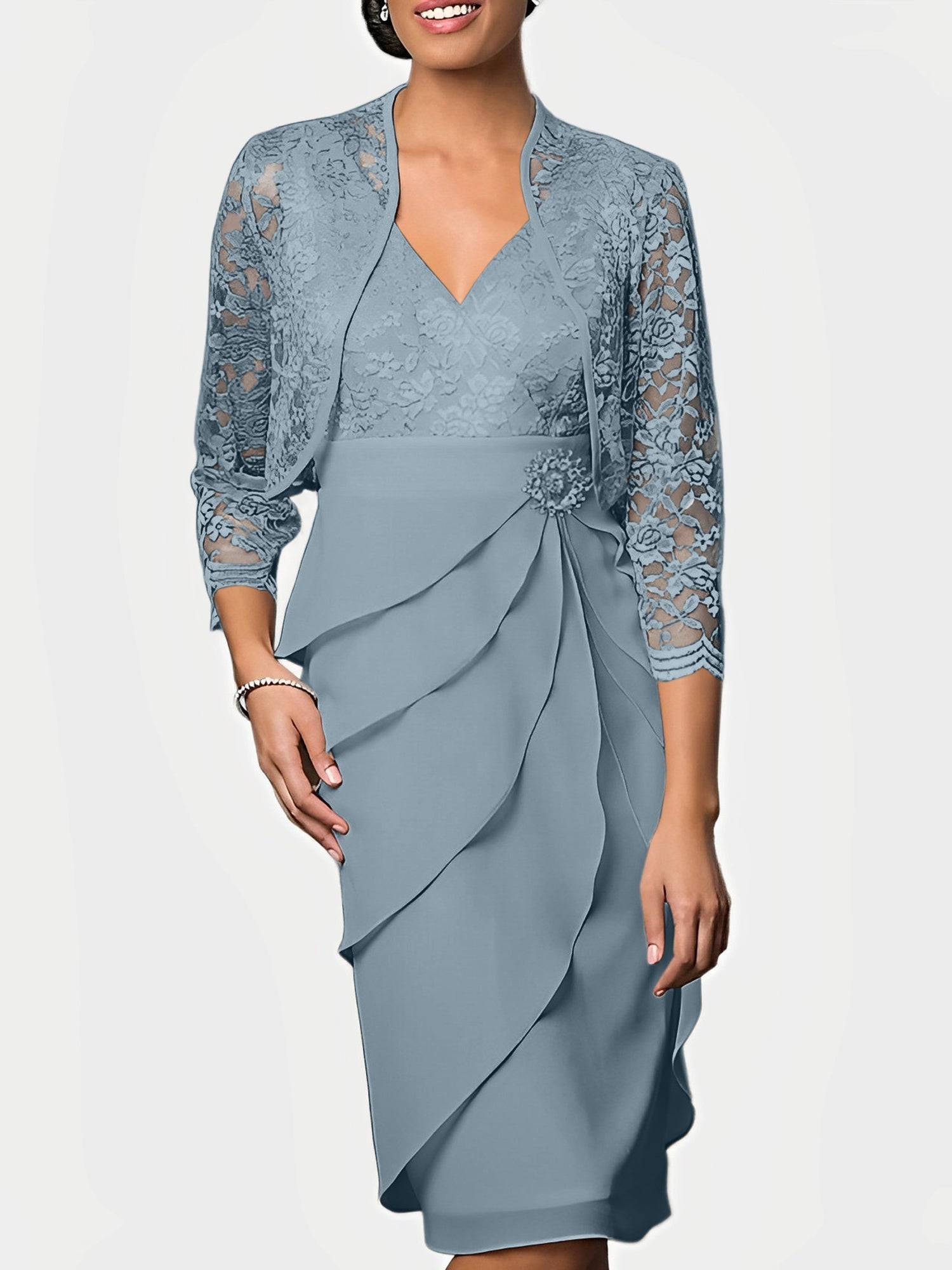 Knee Length V Neck Sheath Mother of the Bride Column Dresses