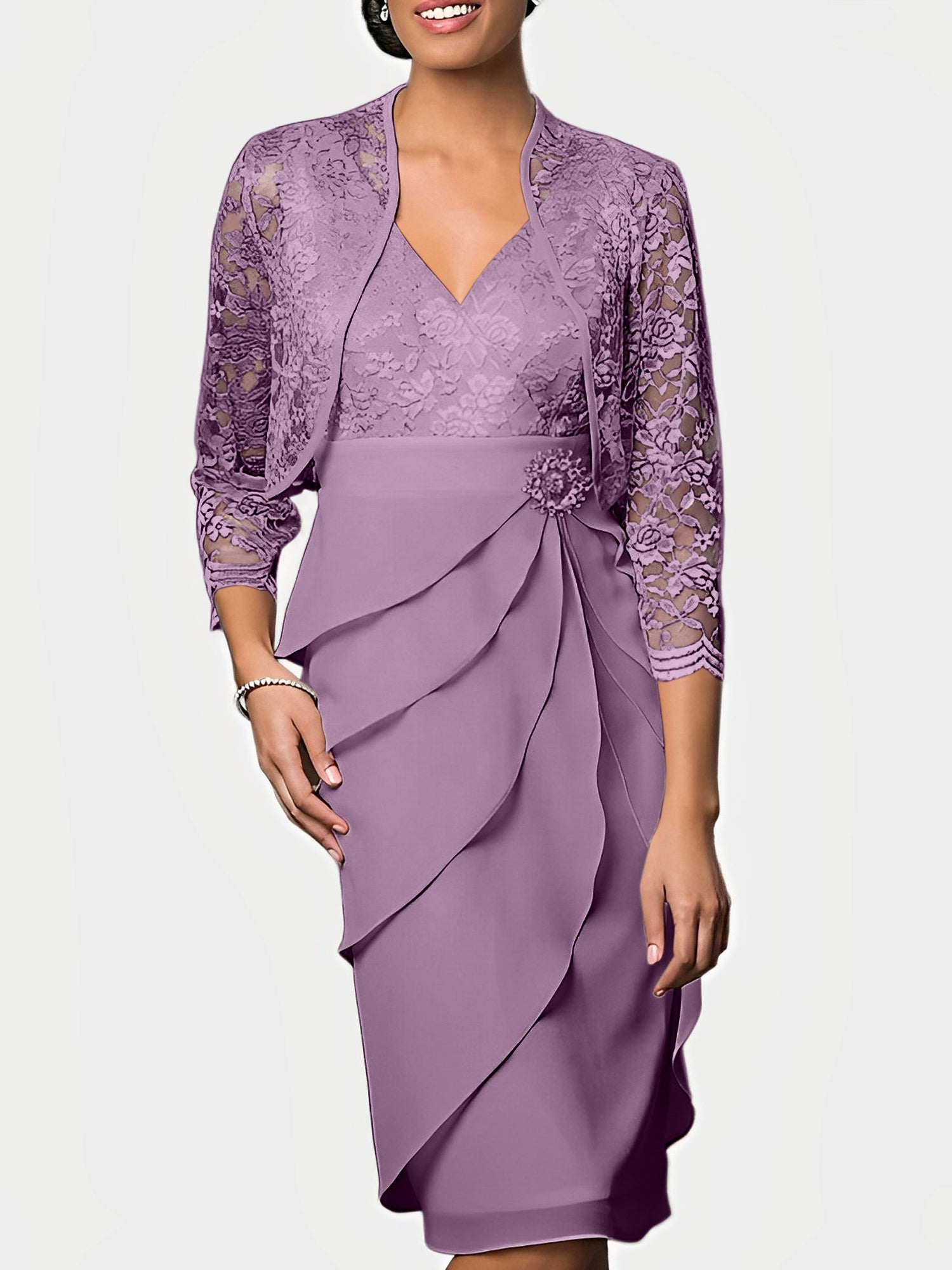 Knee Length V Neck Sheath Mother of the Bride Column Dresses