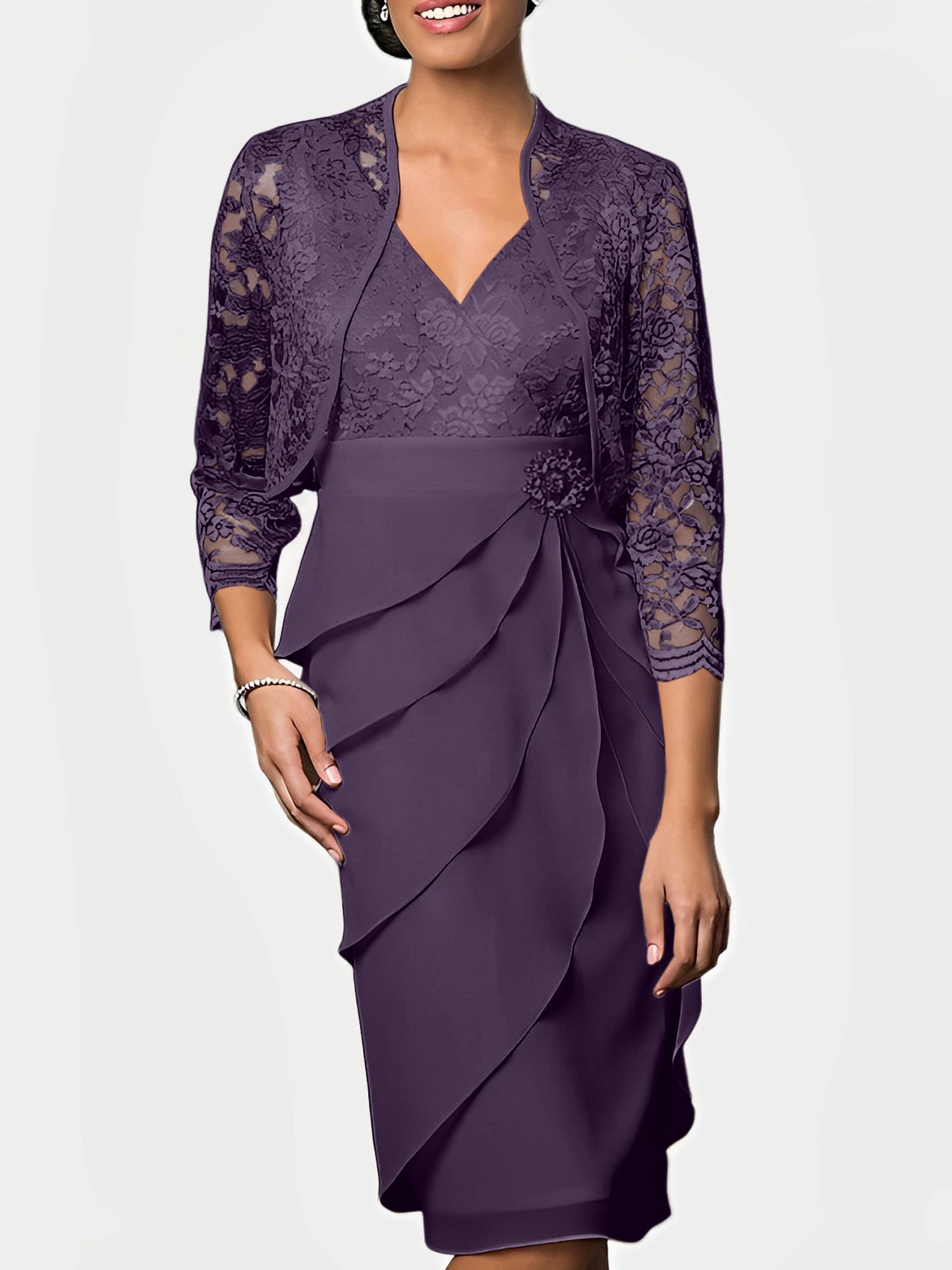 Knee Length V Neck Sheath Mother of the Bride Column Dresses