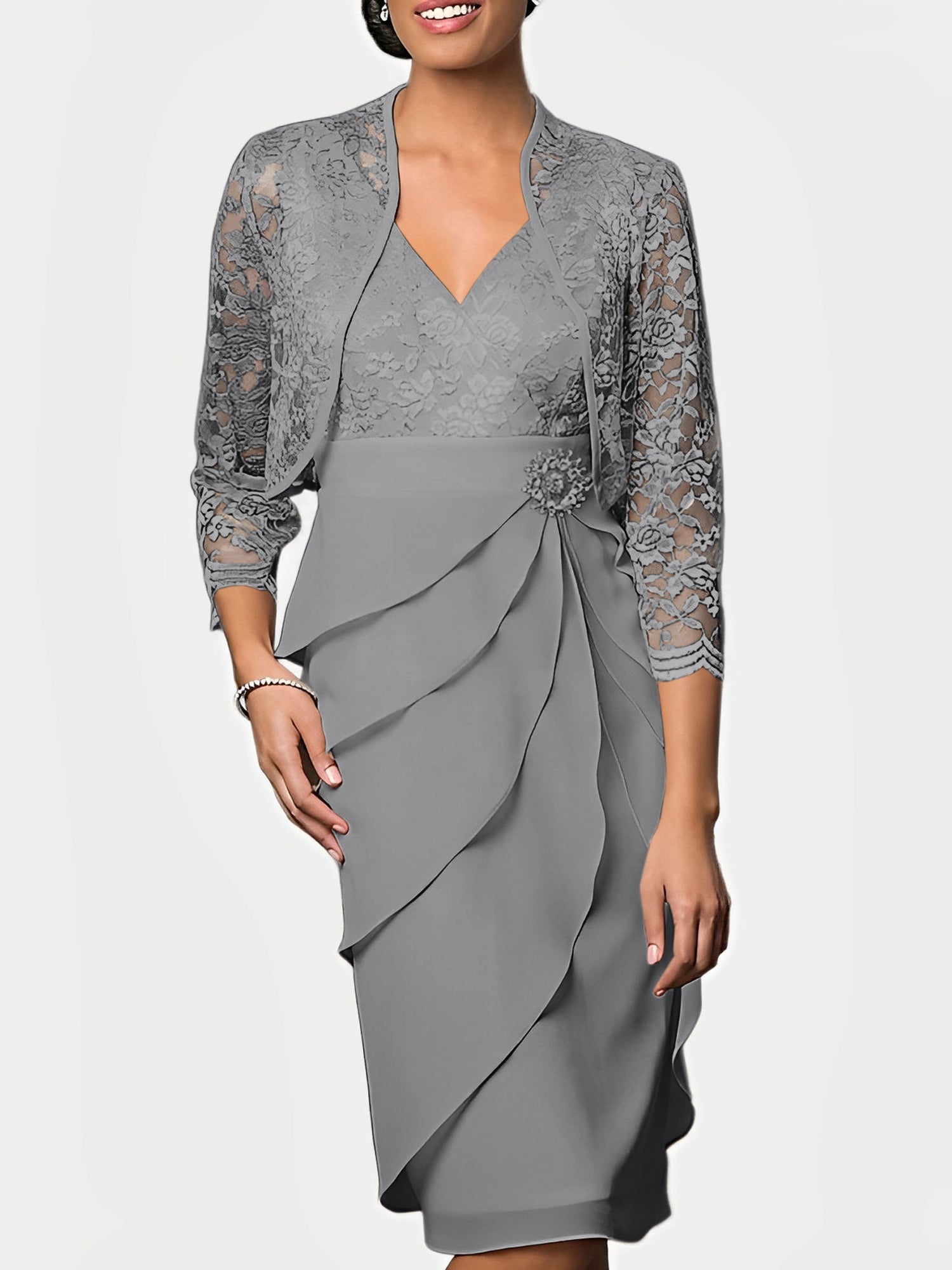 Knee Length V Neck Sheath Mother of the Bride Column Dresses