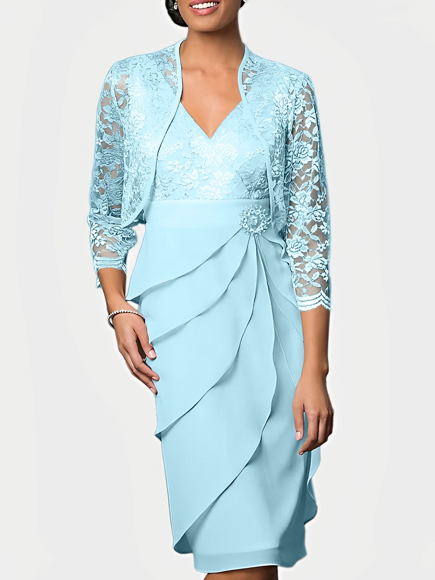 Knee Length V Neck Sheath Mother of the Bride Column Dresses