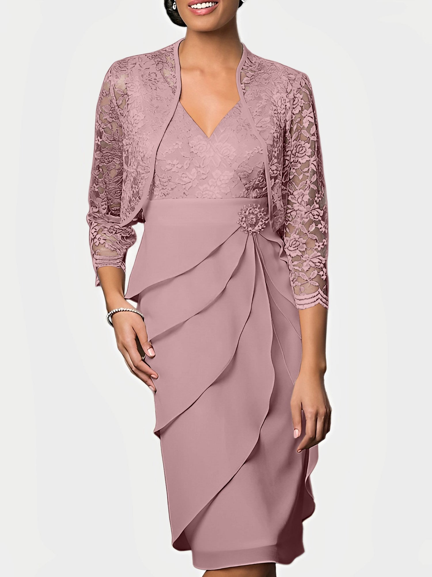 Knee Length V Neck Sheath Mother of the Bride Column Dresses