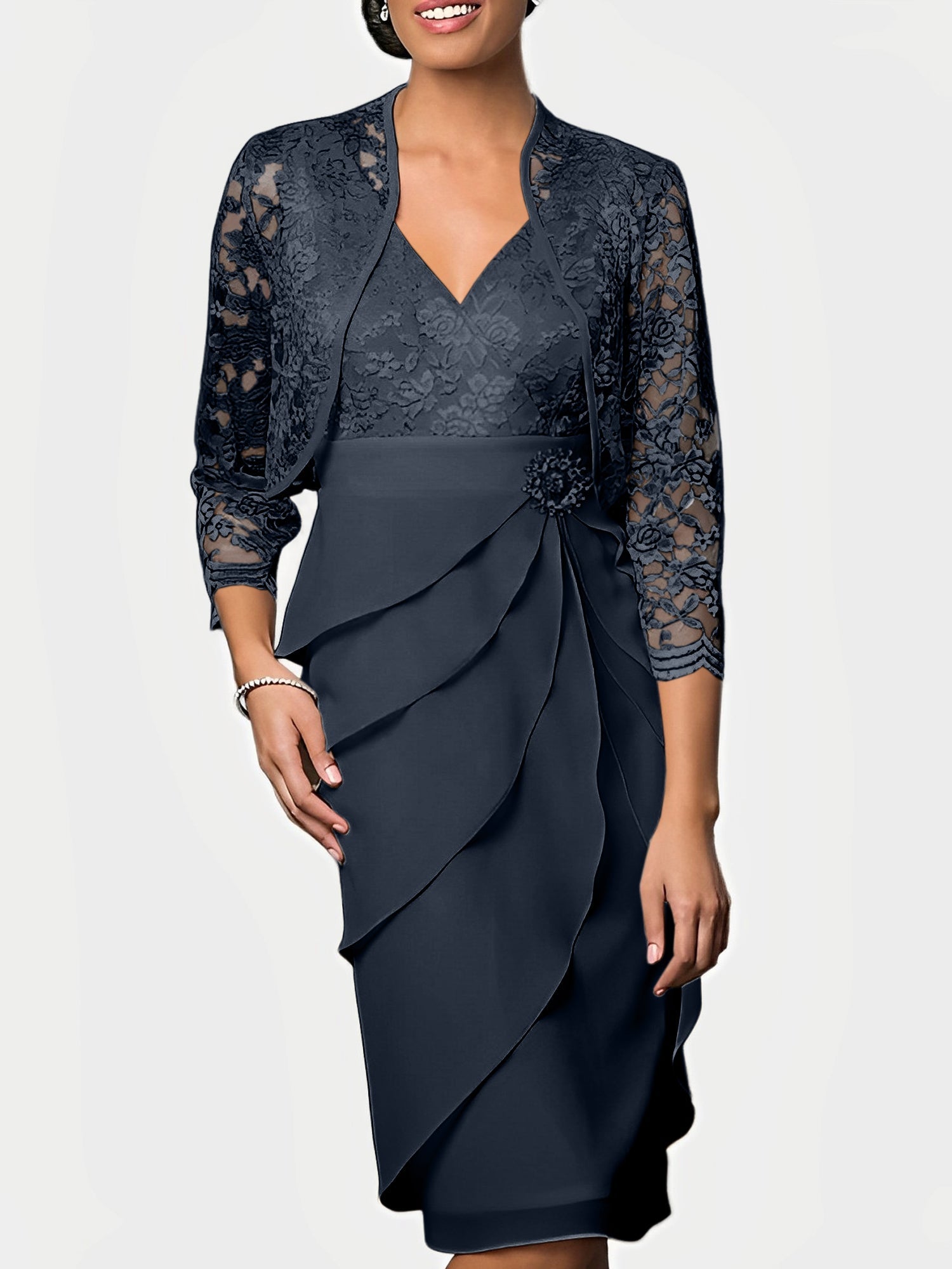 Knee Length V Neck Sheath Mother of the Bride Column Dresses