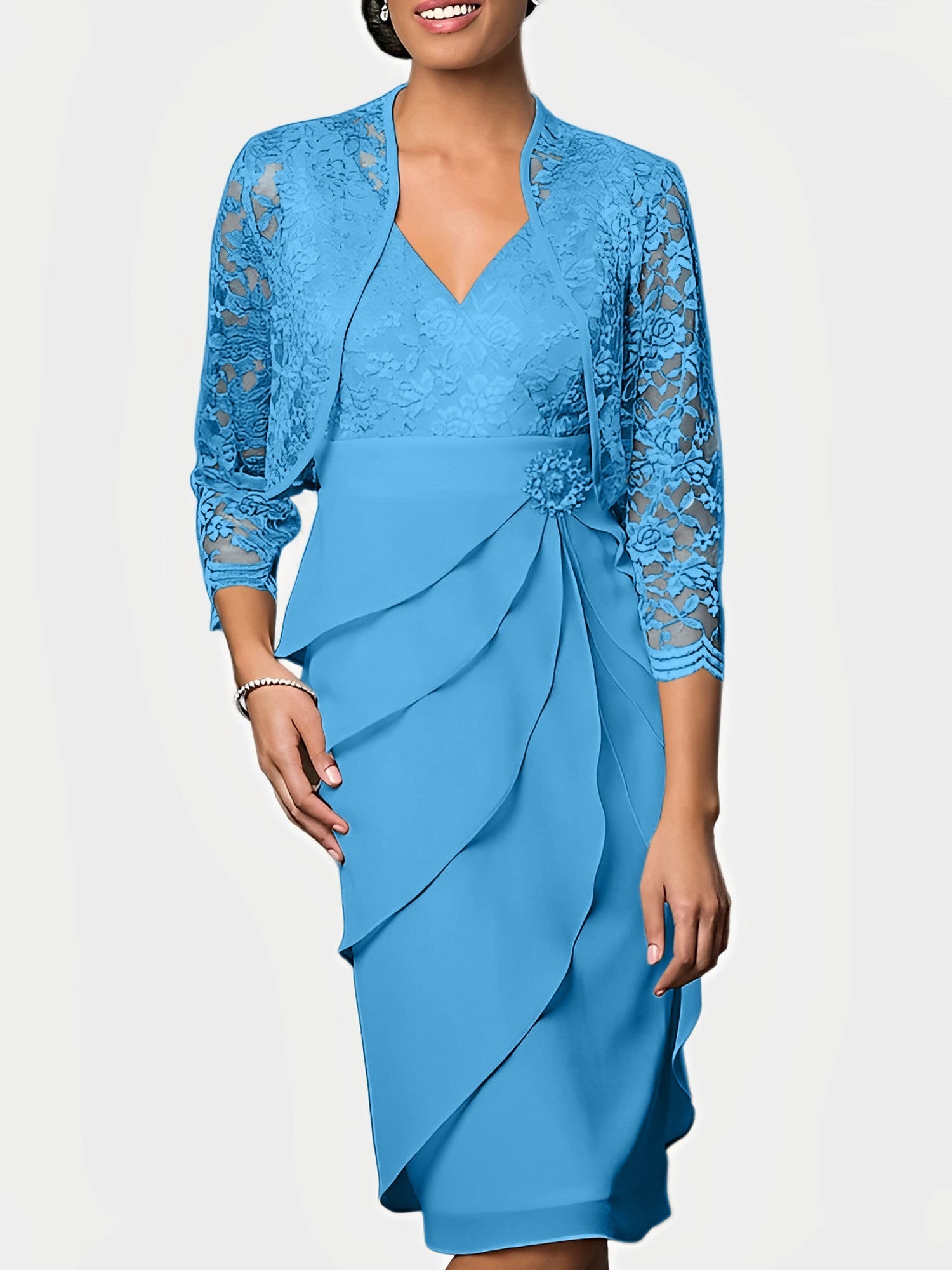 Knee Length V Neck Sheath Mother of the Bride Column Dresses