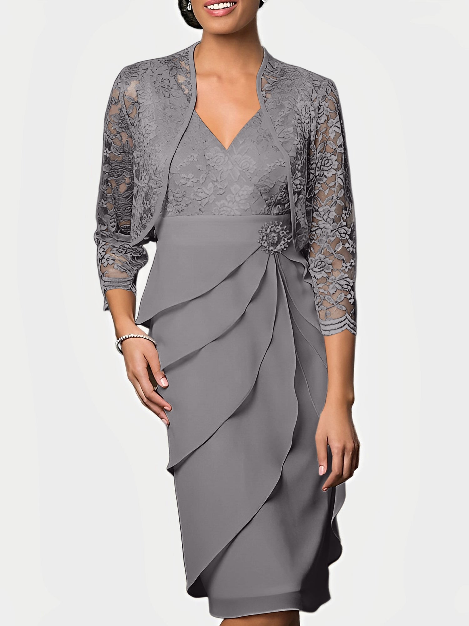 Knee Length V Neck Sheath Mother of the Bride Column Dresses