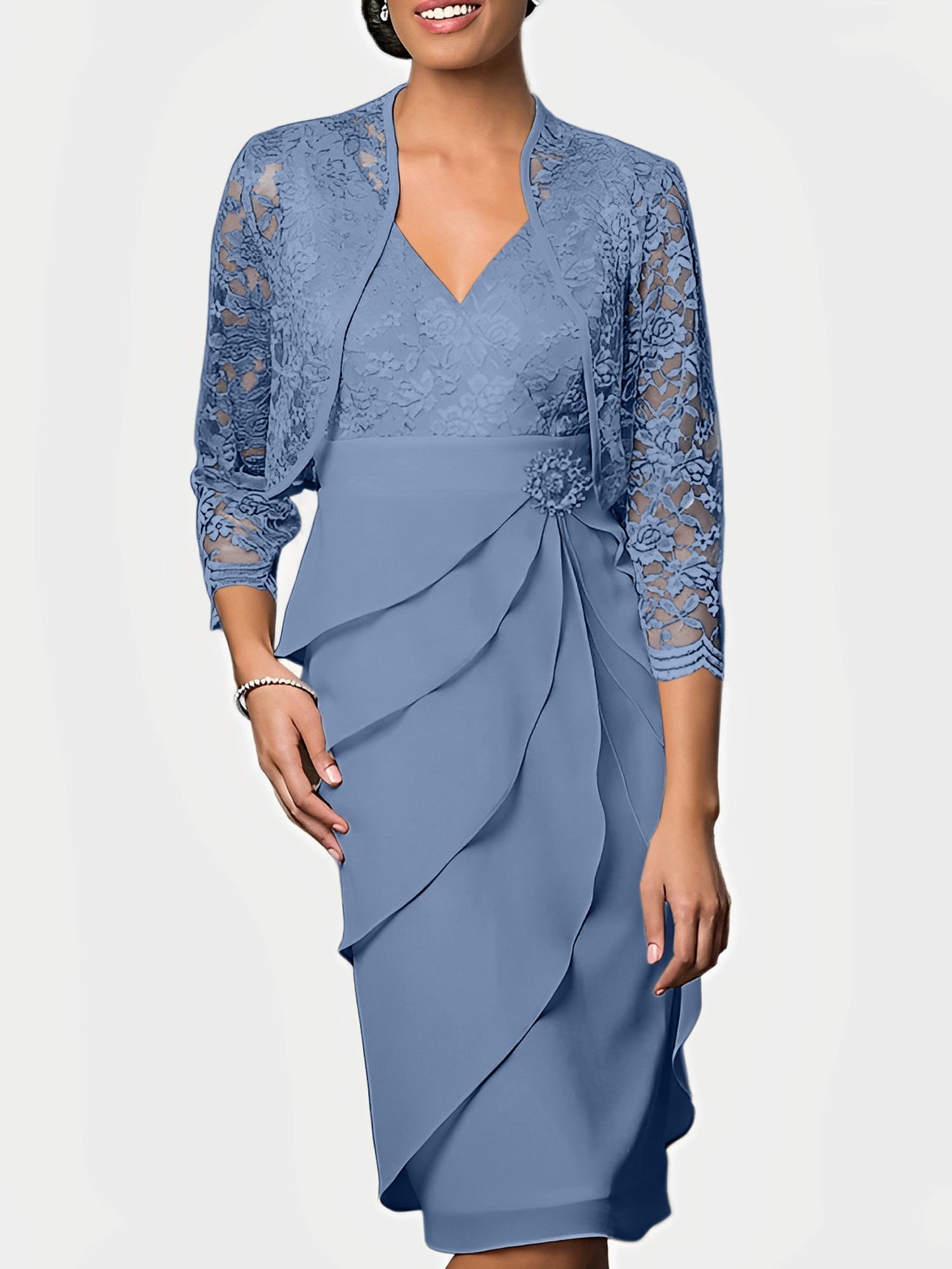 Knee Length V Neck Sheath Mother of the Bride Column Dresses