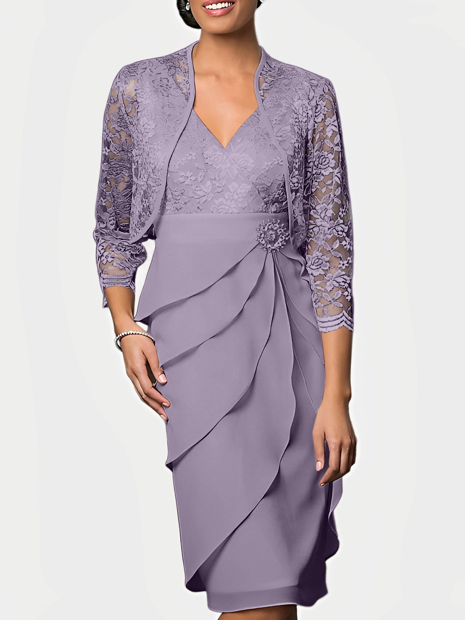 Knee Length V Neck Sheath Mother of the Bride Column Dresses