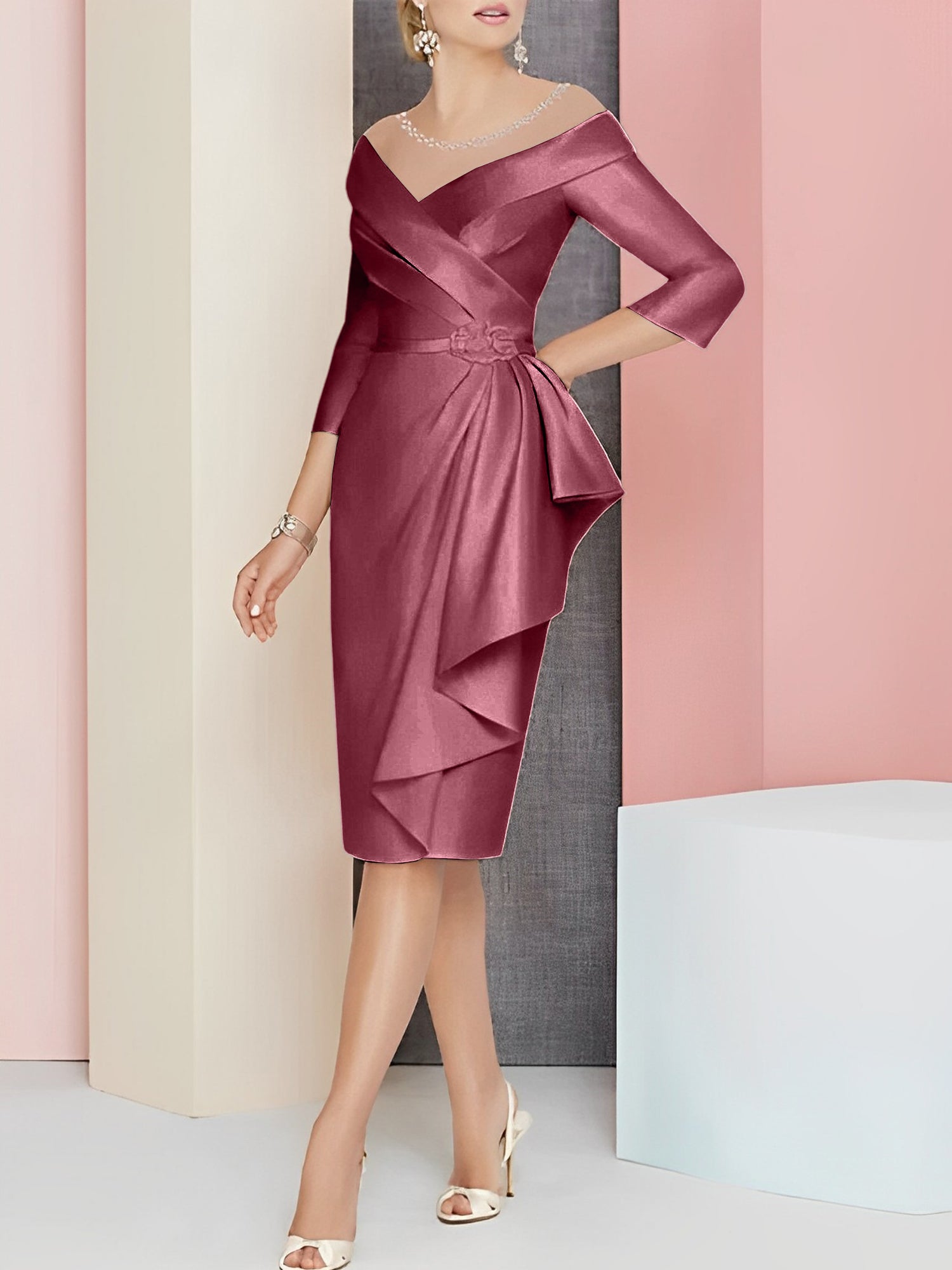 Knee Length V Neck Sheath Column Mother of the Bride Dresses