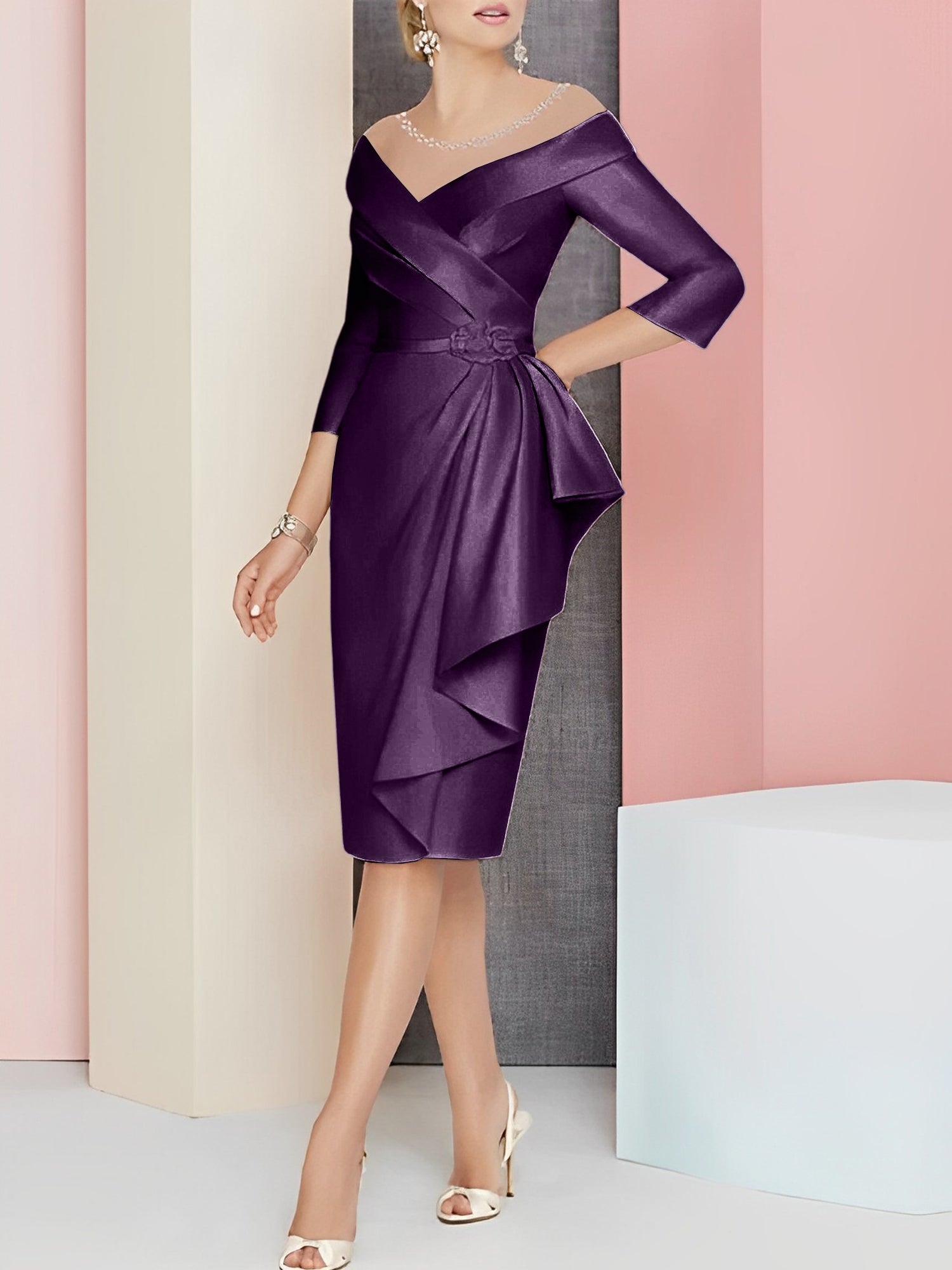 Knee Length V Neck Sheath Column Mother of the Bride Dresses