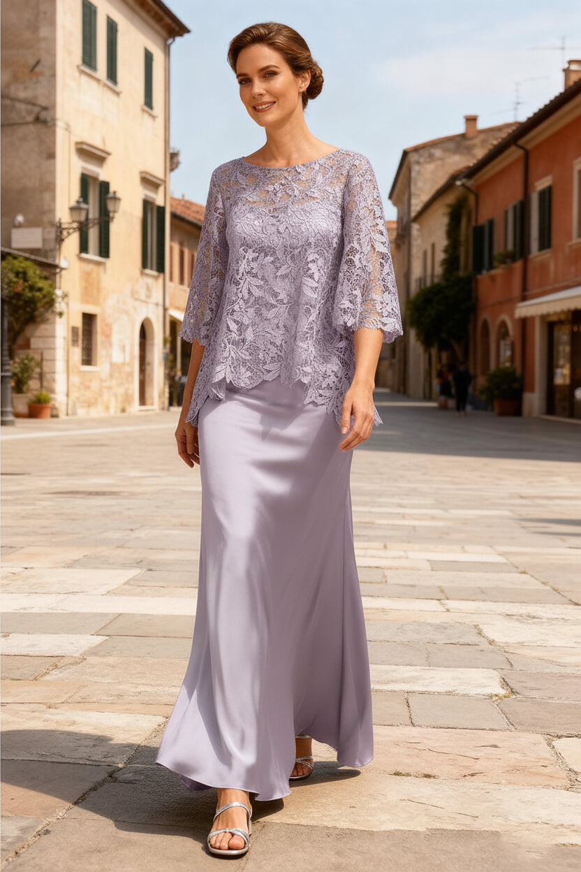 Dreamyannie Dusty Sage Satin Bateau Neck Ankle Length Mother Of The Bride Dress With Sleeves