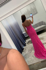 Lace Fuchsia Prom Dress Mermaid Corset Keyhole Long Formal Dress With Slit