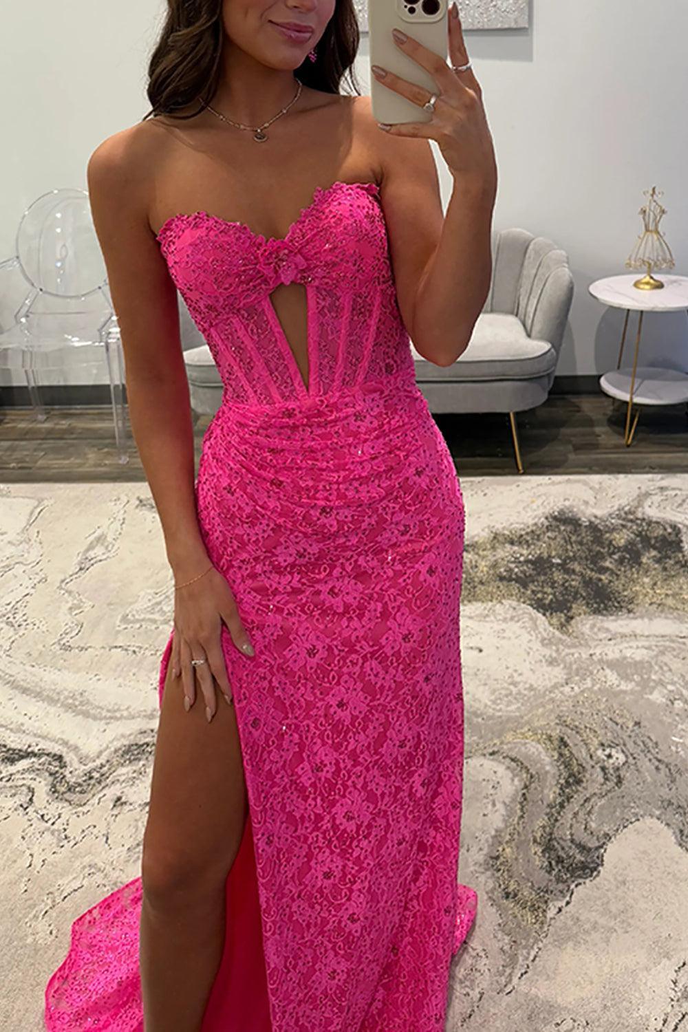 Lace Fuchsia Prom Dress Mermaid Corset Keyhole Long Formal Dress With Slit