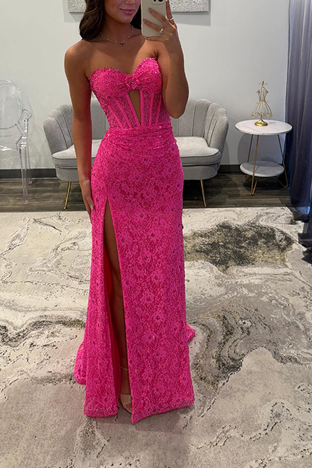 Lace Fuchsia Prom Dress Mermaid Corset Keyhole Long Formal Dress With Slit