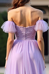 Lace Lilac Off The Shoulder Long Formal Dress With Ruffles