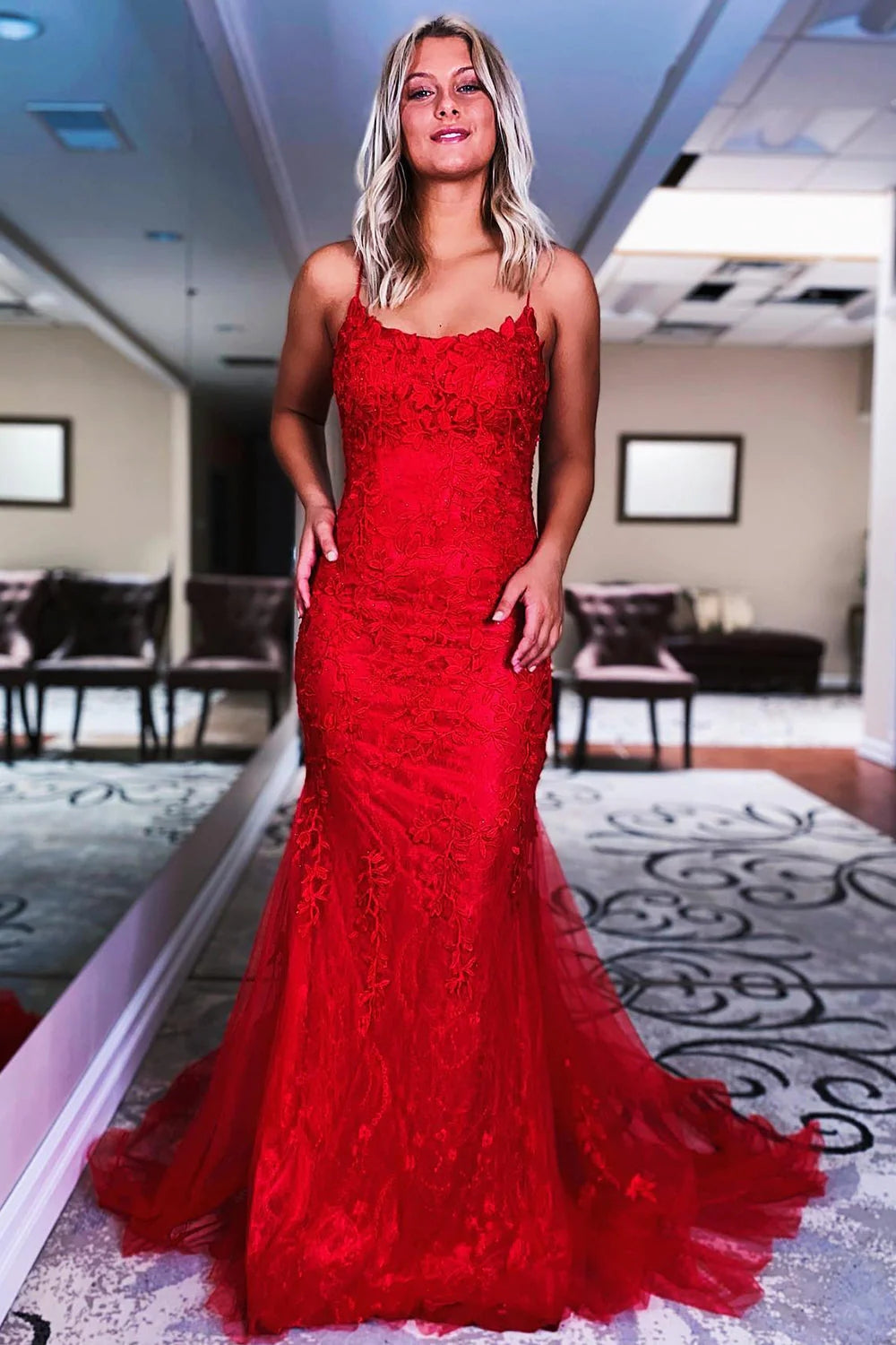 Lace Prom Dress Mermaid Backless Evening Dress