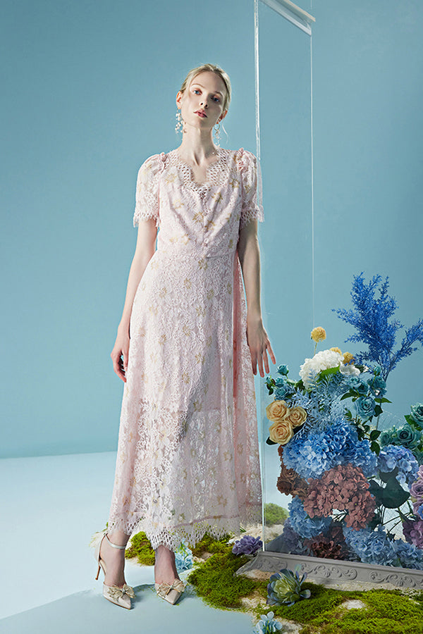 Lace Short Sleeve Maxi A Line Casual Holiday Dress