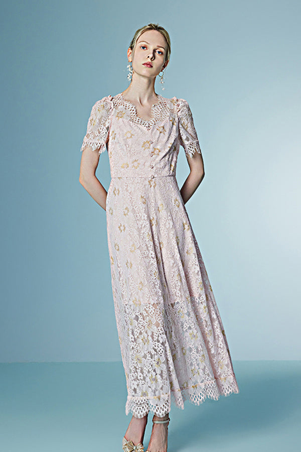 Lace Short Sleeve Maxi A Line Casual Holiday Dress