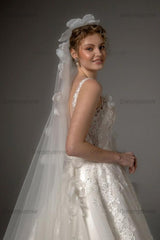 Lace Tulle A-Line Wedding Dress with V-Neck and 3D Flowers