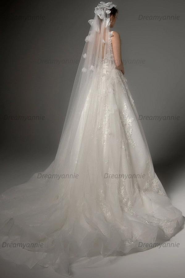 Lace Tulle A-Line Wedding Dress with V-Neck and 3D Flowers