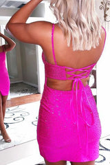 Lace-Up Back Sequin Fuchsia Homecoming Dress Tight Short Cocktail Dresses