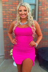 Lace-Up Back Sequin Fuchsia Homecoming Dress Tight Short Prom Dress