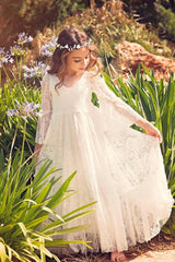 Lace V Neck Long Sleeve Princess Flower Girl Dress