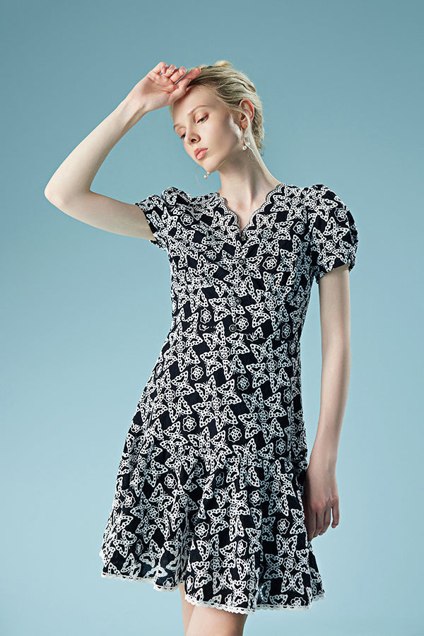 Lace V Neck Puff Sleeve Short Casual Summer Holiday Dress