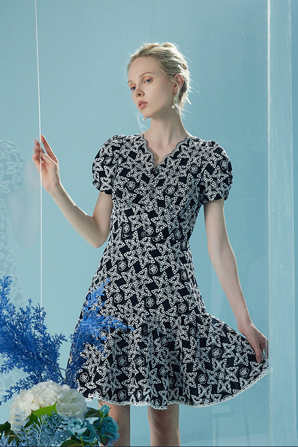 Lace V Neck Puff Sleeve Short Casual Summer Holiday Dress